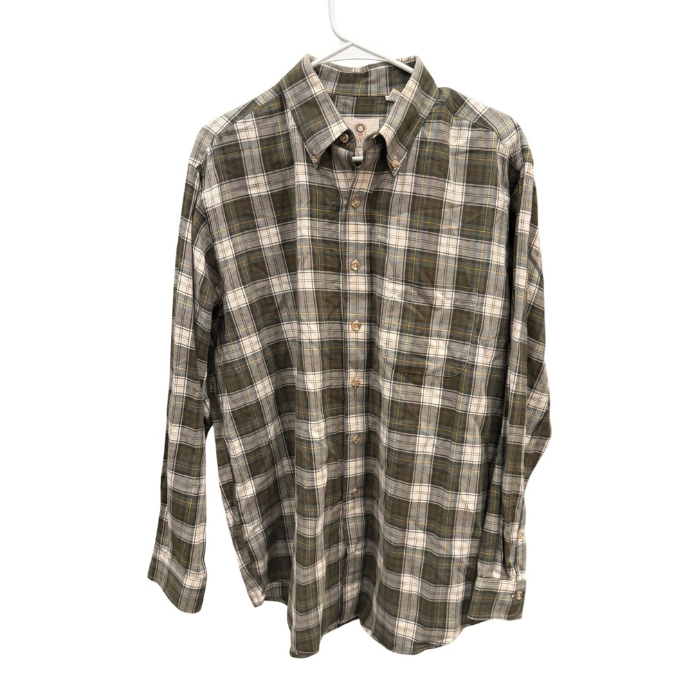 Viyella Mens Plaid Button Down Shirt‎ Olive Green White Cotton Wool Blend USA L